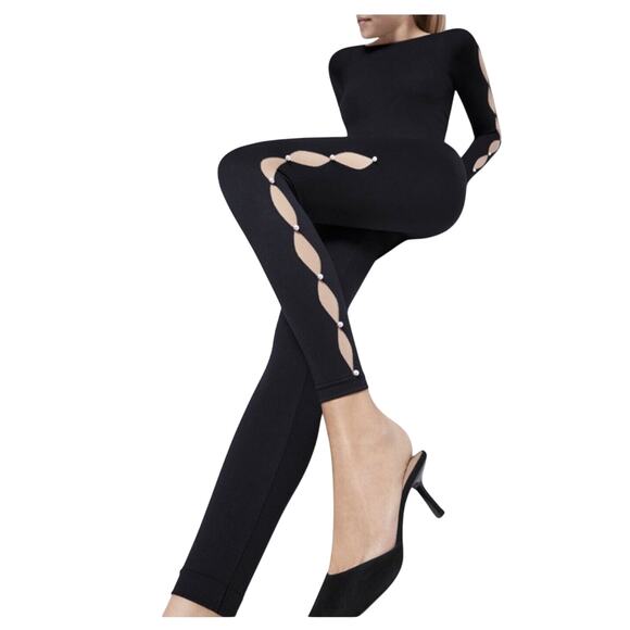 Wolford Pants - Wolford Sexy Black Linda Leggings Open Side Slit Tan & Pearl Embellishment Small